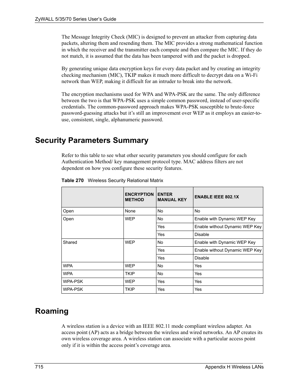 Security parameters summary, Roaming, Table 270 wireless security relational matrix | ZyXEL Communications Internet Security Appliance ZyWALL5UTM 4.0 User Manual | Page 715 / 803