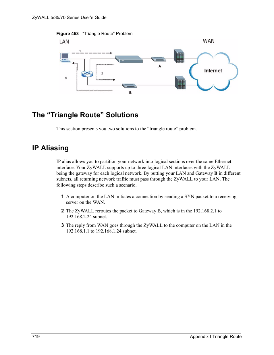 The “triangle route” solutions, Ip aliasing, Figure 453 “triangle route” problem | ZyXEL Communications Internet Security Appliance ZyWALL5UTM 4.0 User Manual | Page 719 / 803