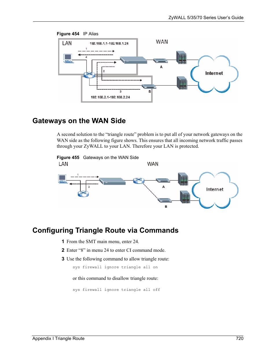 Gateways on the wan side, Configuring triangle route via commands | ZyXEL Communications Internet Security Appliance ZyWALL5UTM 4.0 User Manual | Page 720 / 803