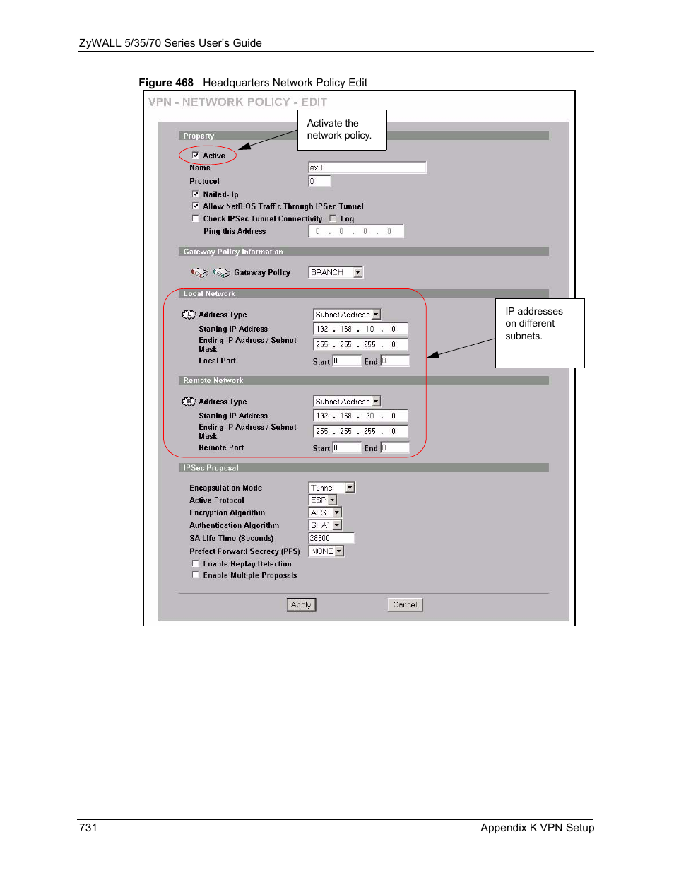 Figure 468 headquarters network policy edit | ZyXEL Communications Internet Security Appliance ZyWALL5UTM 4.0 User Manual | Page 731 / 803