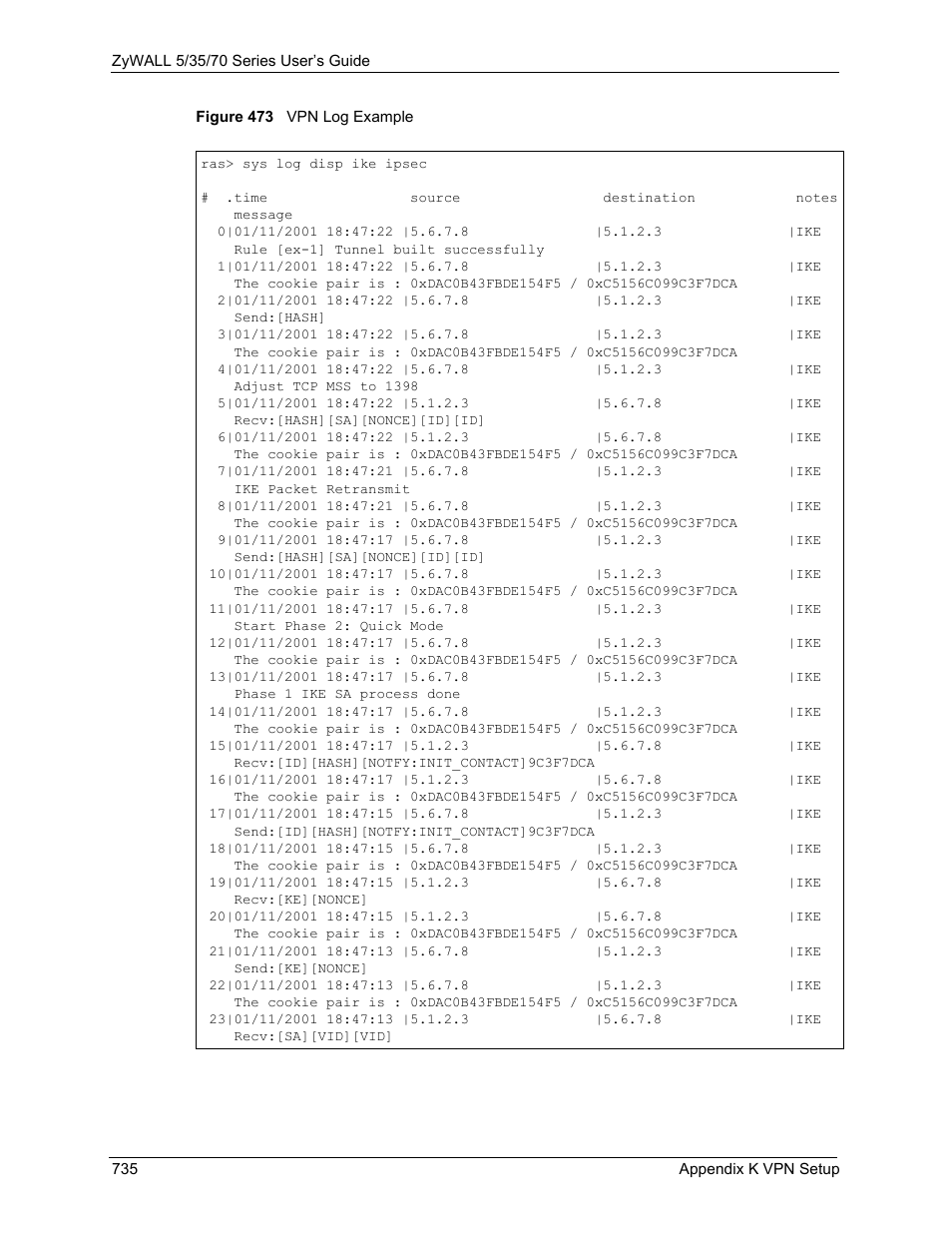 Figure 473 vpn log example | ZyXEL Communications Internet Security Appliance ZyWALL5UTM 4.0 User Manual | Page 735 / 803