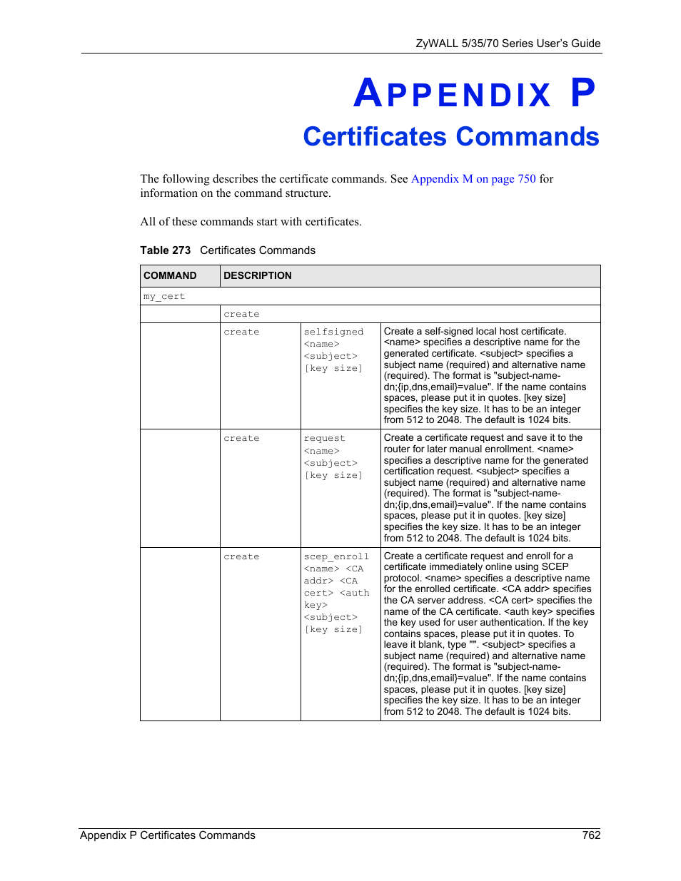 P. certificates commands, Appendix p, Certificates commands | Table 273 certificates commands | ZyXEL Communications Internet Security Appliance ZyWALL5UTM 4.0 User Manual | Page 762 / 803