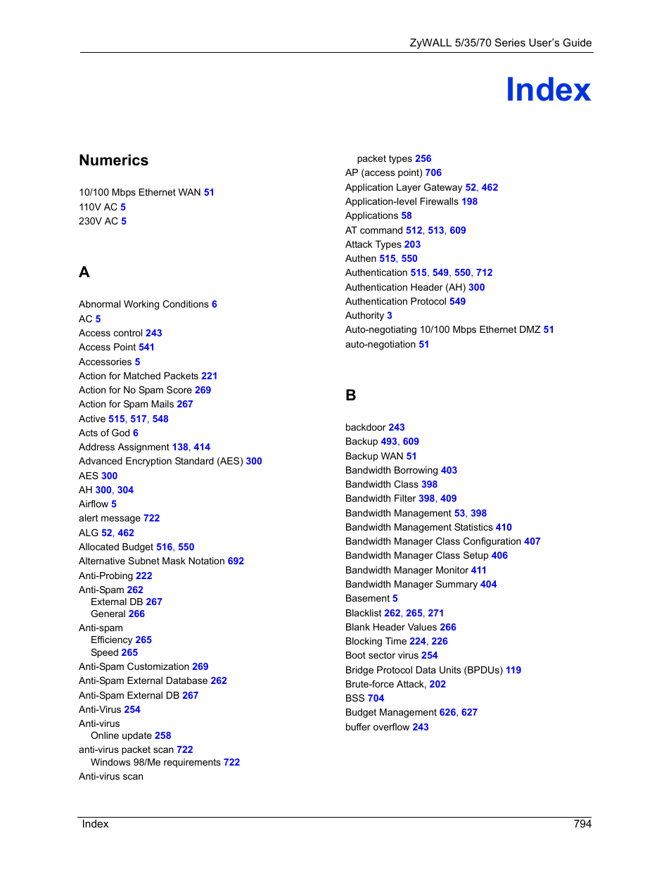 Index, Numerics | ZyXEL Communications Internet Security Appliance ZyWALL5UTM 4.0 User Manual | Page 794 / 803