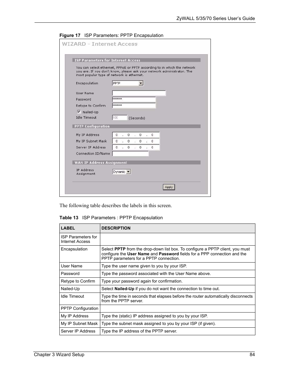 Figure 17 isp parameters: pptp encapsulation, Table 13 isp parameters : pptp encapsulation | ZyXEL Communications Internet Security Appliance ZyWALL5UTM 4.0 User Manual | Page 84 / 803