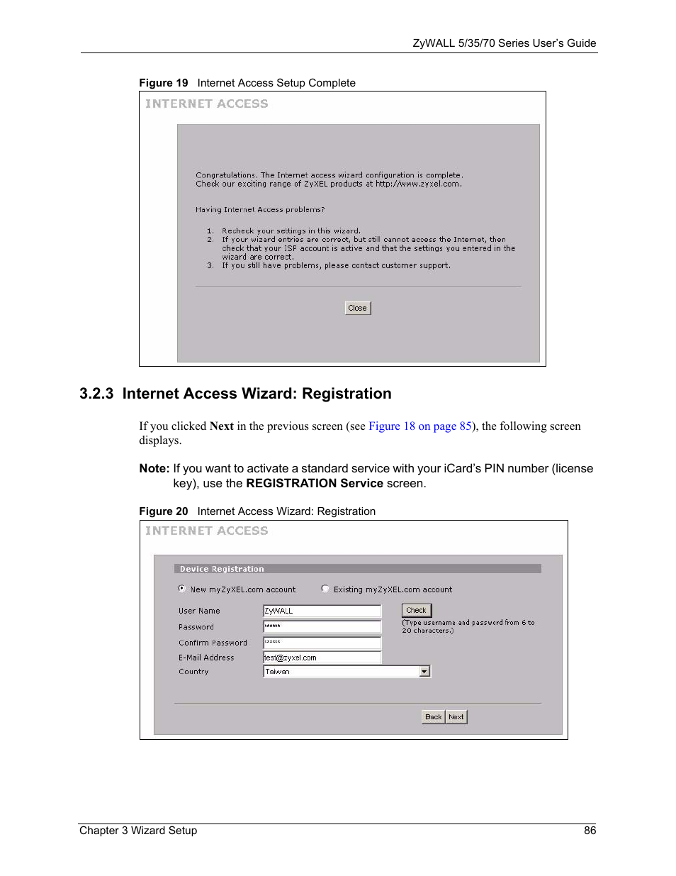 3 internet access wizard: registration | ZyXEL Communications Internet Security Appliance ZyWALL5UTM 4.0 User Manual | Page 86 / 803