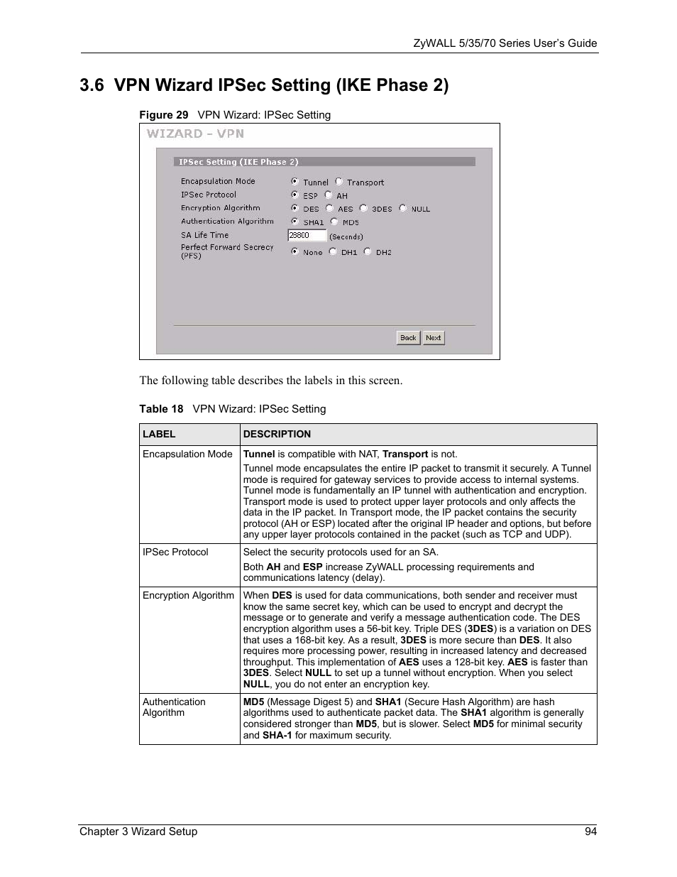 Figure 29 vpn wizard: ipsec setting, Table 18 vpn wizard: ipsec setting, 6 vpn wizard ipsec setting (ike phase 2) | ZyXEL Communications Internet Security Appliance ZyWALL5UTM 4.0 User Manual | Page 94 / 803