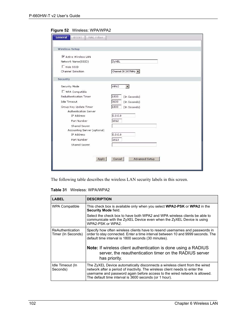 Figure 52 wireless: wpa/wpa2, Table 31 wireless: wpa/wpa2 | ZyXEL Communications P-660HW-T v2 User Manual | Page 102 / 351