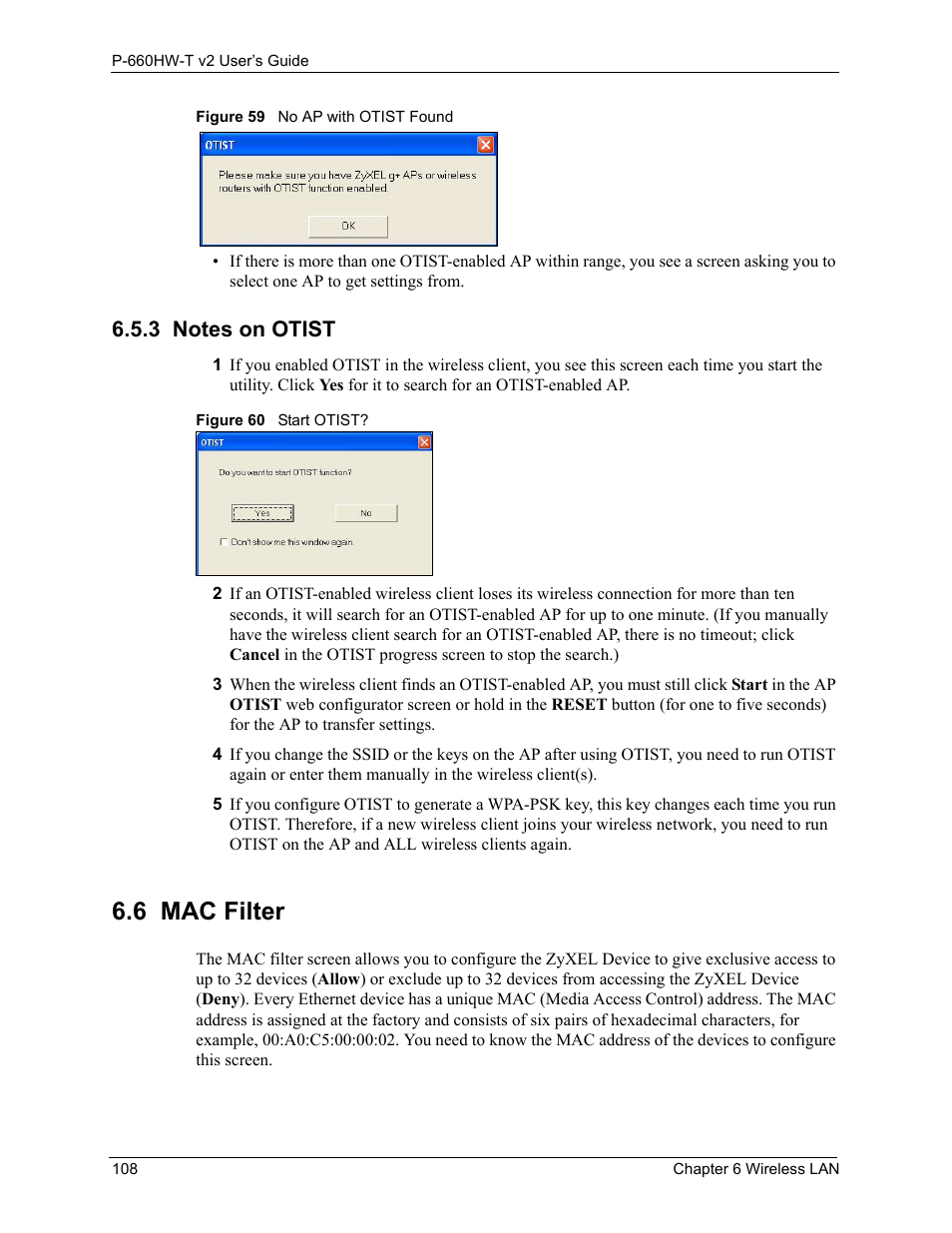 3 notes on otist, 6 mac filter | ZyXEL Communications P-660HW-T v2 User Manual | Page 108 / 351