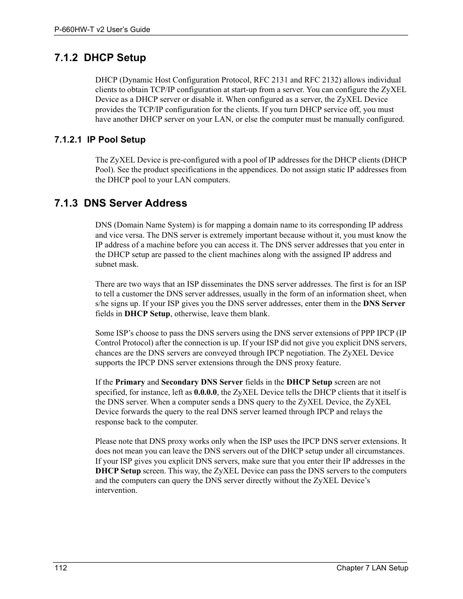 2 dhcp setup, 3 dns server address, 1 ip pool setup | ZyXEL Communications P-660HW-T v2 User Manual | Page 112 / 351