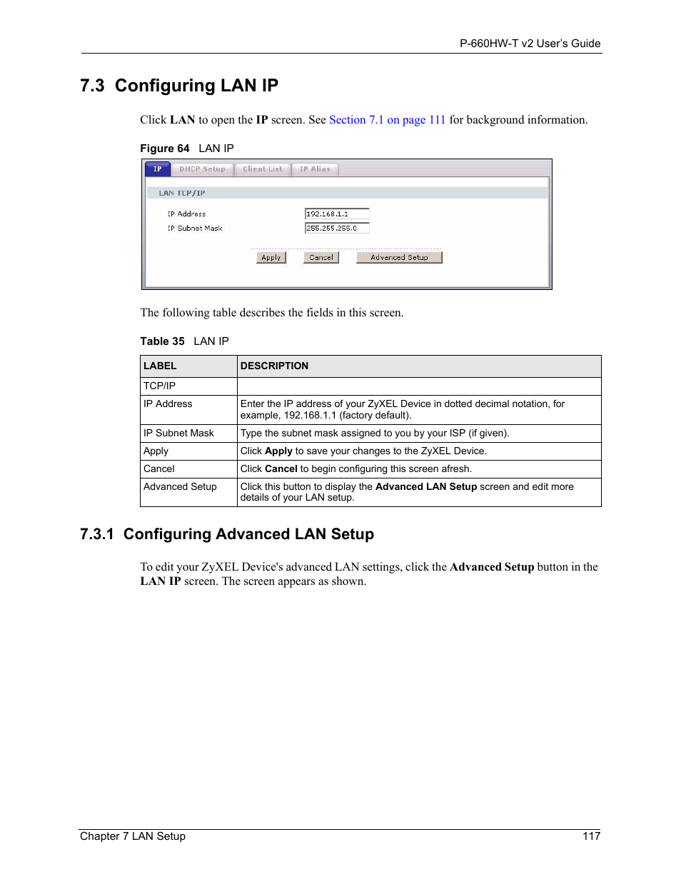 3 configuring lan ip, 1 configuring advanced lan setup, Figure 64 lan ip | Table 35 lan ip | ZyXEL Communications P-660HW-T v2 User Manual | Page 117 / 351