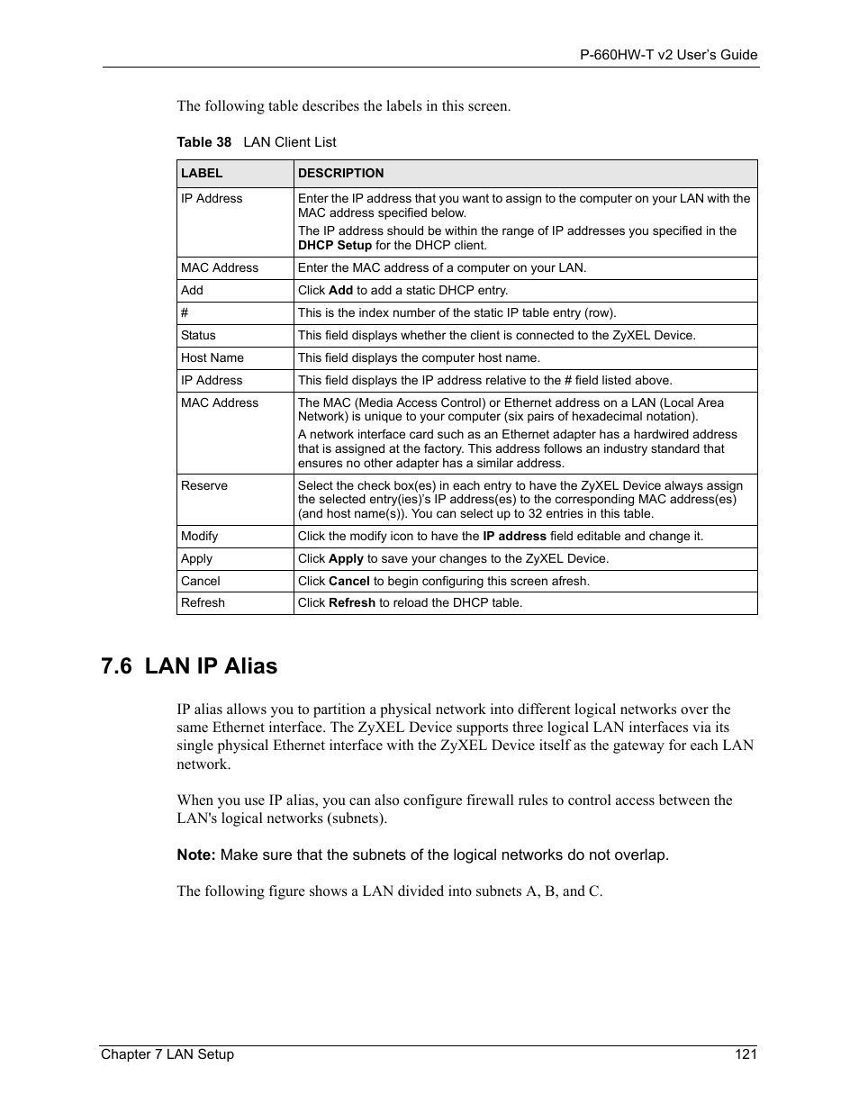 6 lan ip alias, Table 38 lan client list | ZyXEL Communications P-660HW-T v2 User Manual | Page 121 / 351
