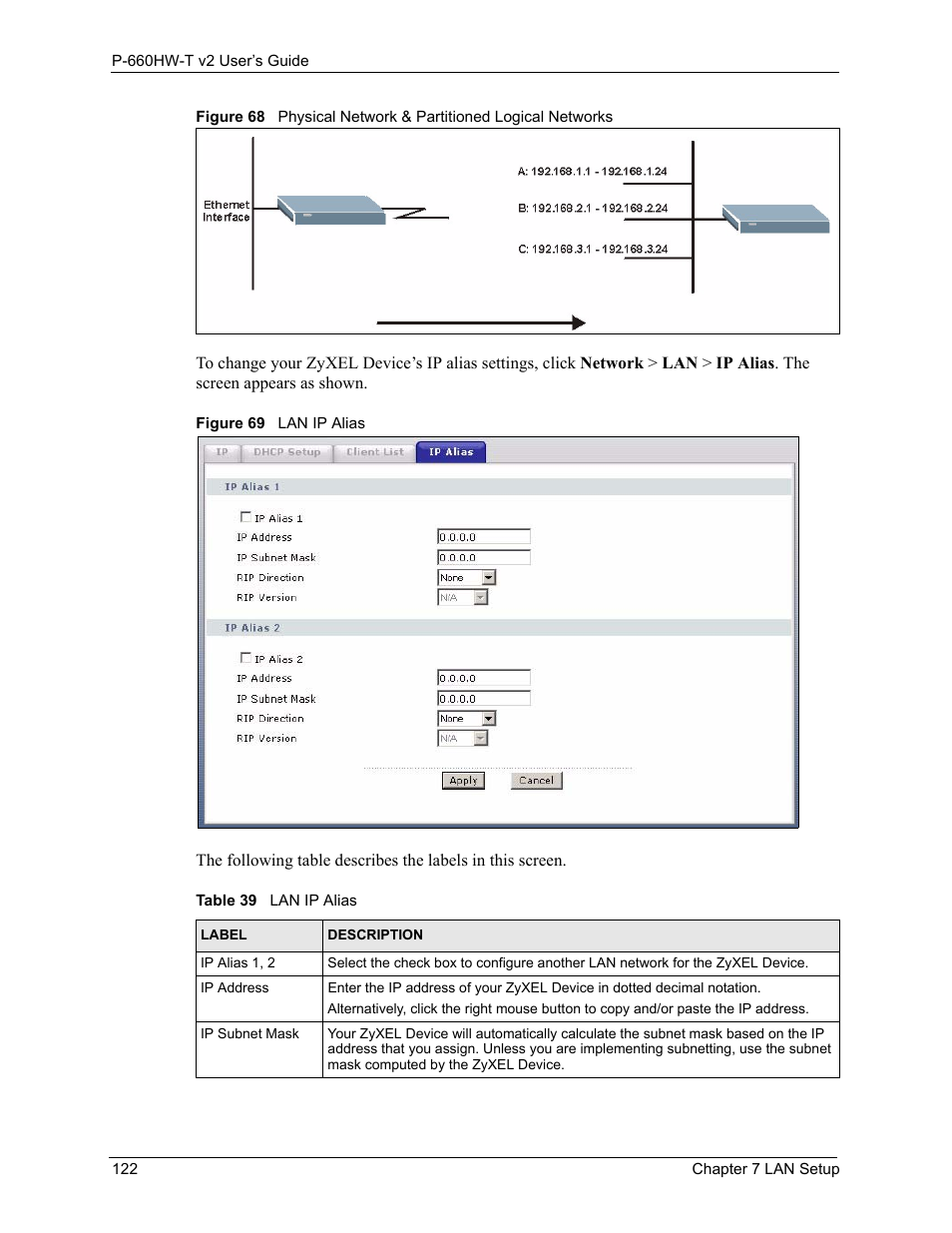 Table 39 lan ip alias | ZyXEL Communications P-660HW-T v2 User Manual | Page 122 / 351