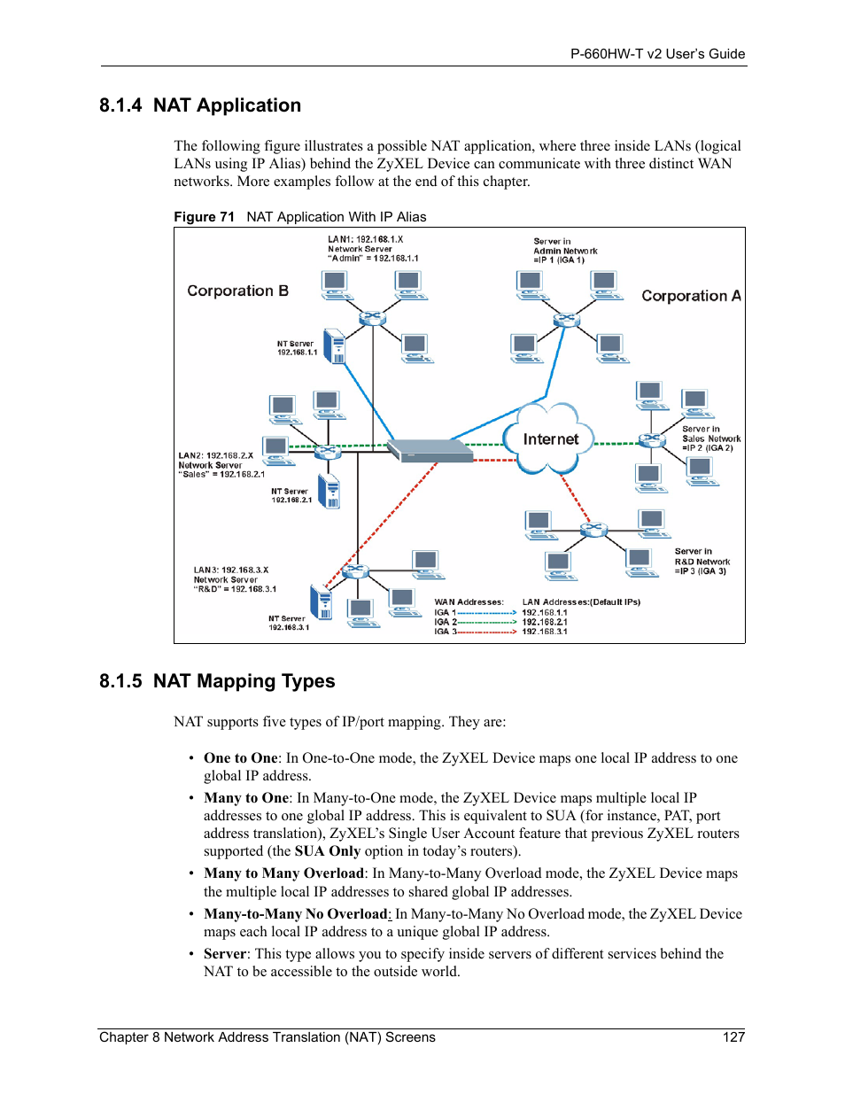 4 nat application, 5 nat mapping types, 4 nat application 8.1.5 nat mapping types | Figure 71 nat application with ip alias | ZyXEL Communications P-660HW-T v2 User Manual | Page 127 / 351