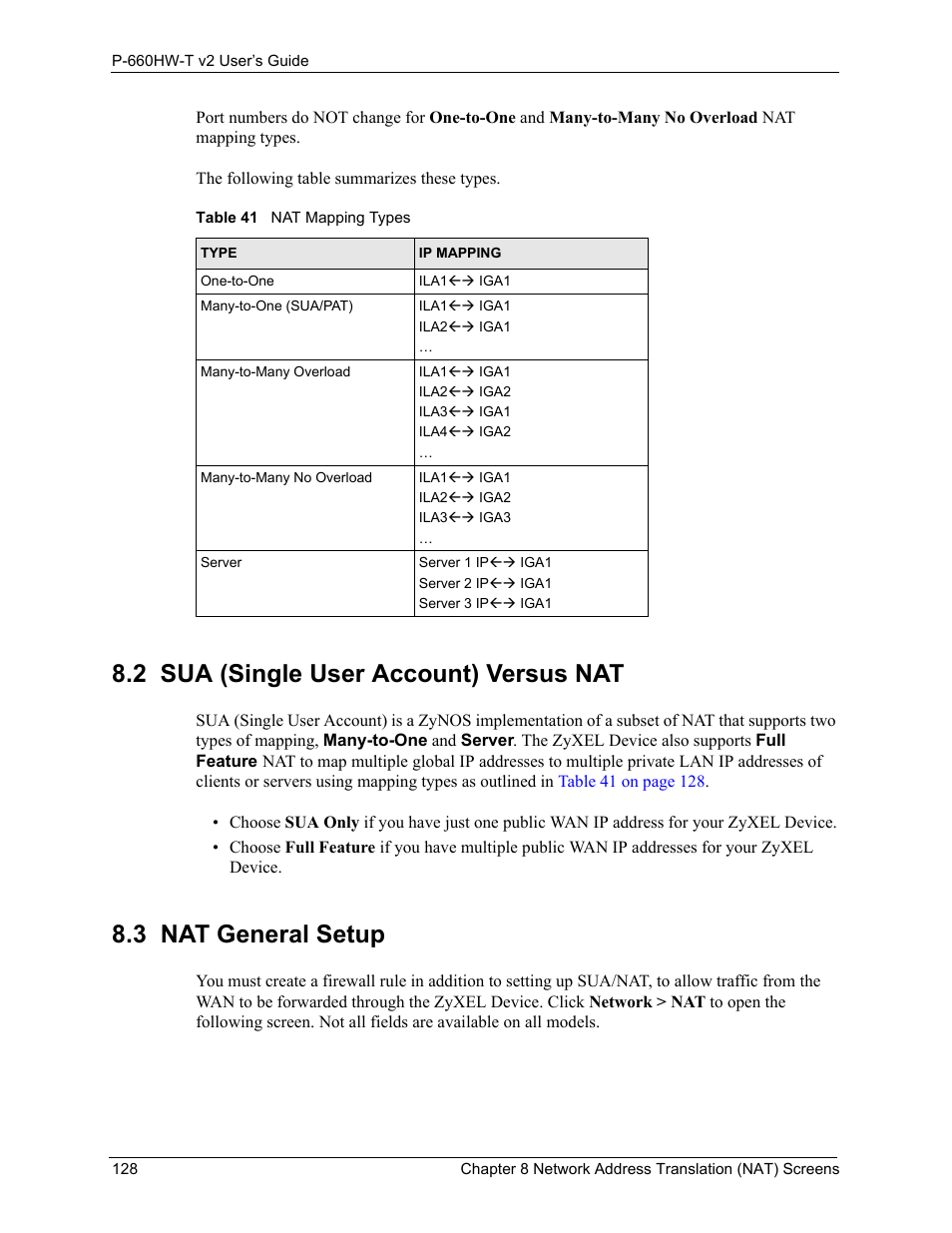 2 sua (single user account) versus nat, 3 nat general setup, Table 41 nat mapping types | ZyXEL Communications P-660HW-T v2 User Manual | Page 128 / 351