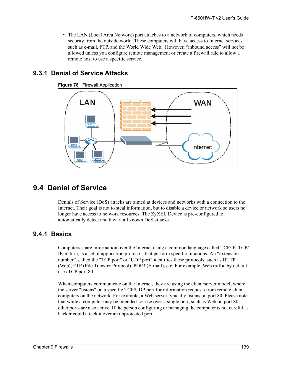 1 denial of service attacks, 4 denial of service, 1 basics | Figure 78 firewall application | ZyXEL Communications P-660HW-T v2 User Manual | Page 139 / 351
