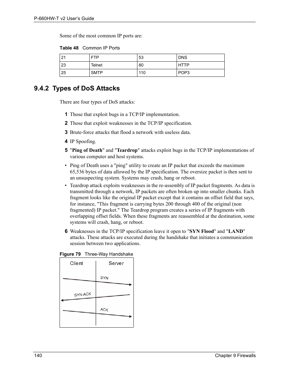 2 types of dos attacks, Figure 79 three-way handshake, Table 48 common ip ports | ZyXEL Communications P-660HW-T v2 User Manual | Page 140 / 351