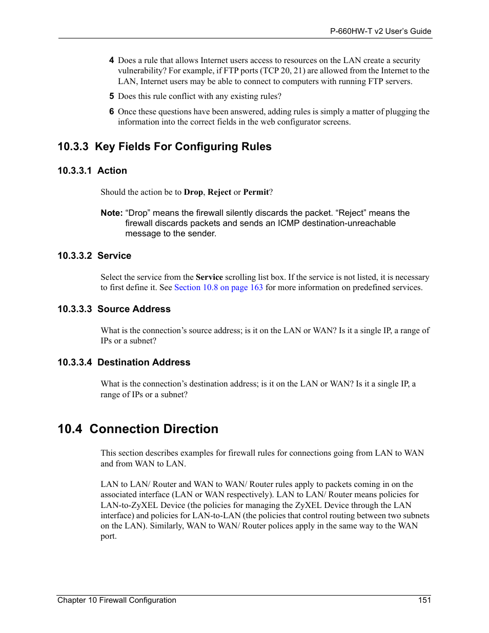 3 key fields for configuring rules, 4 connection direction | ZyXEL Communications P-660HW-T v2 User Manual | Page 151 / 351