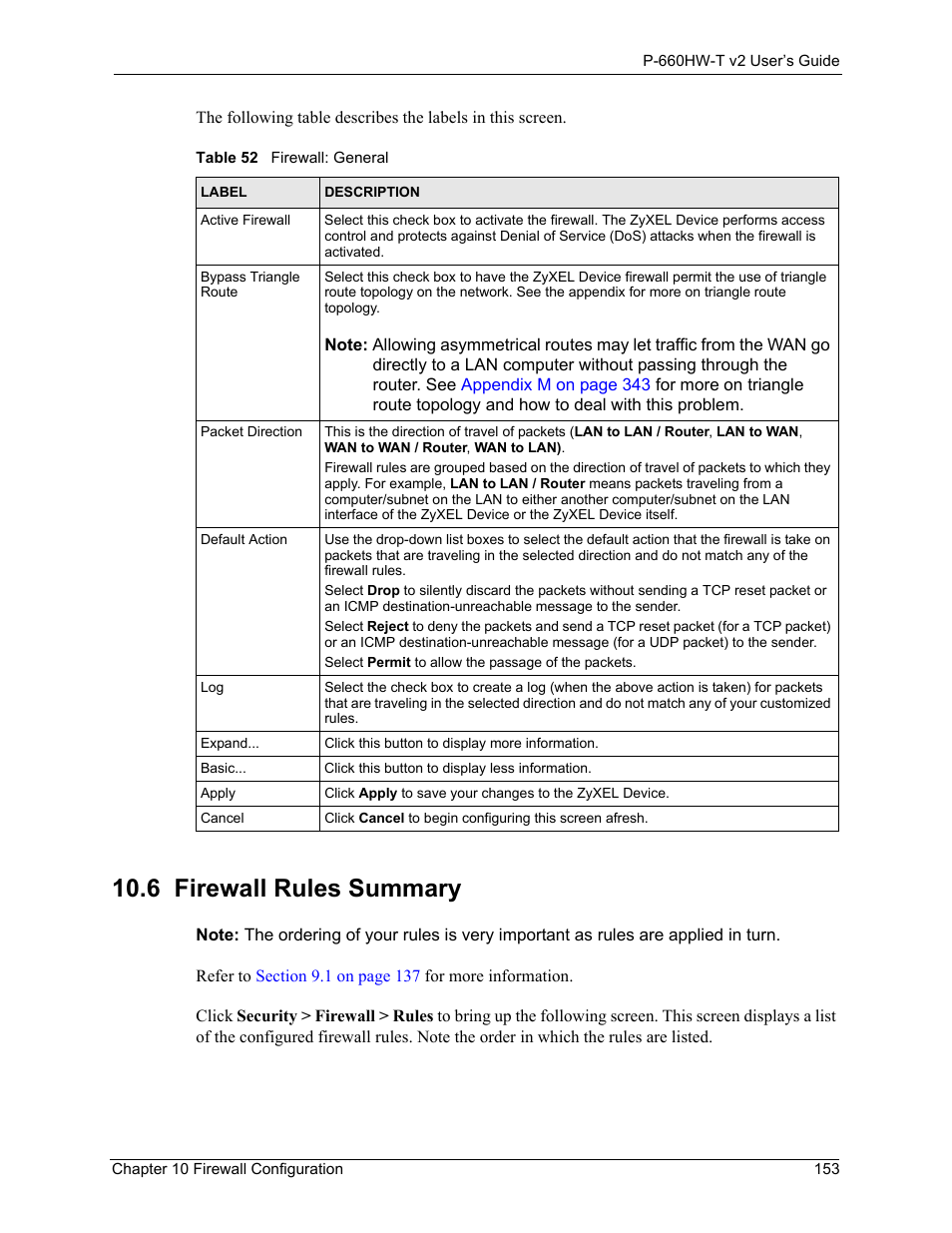 6 firewall rules summary, Table 52 firewall: general, Refer to | To view firewall rules | ZyXEL Communications P-660HW-T v2 User Manual | Page 153 / 351