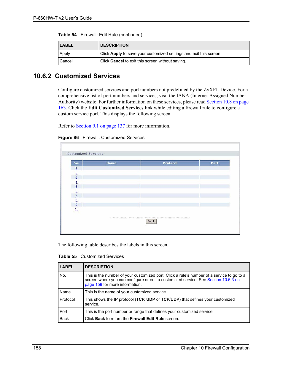 2 customized services, Figure 86 firewall: customized services, Table 55 customized services | Refer to | ZyXEL Communications P-660HW-T v2 User Manual | Page 158 / 351