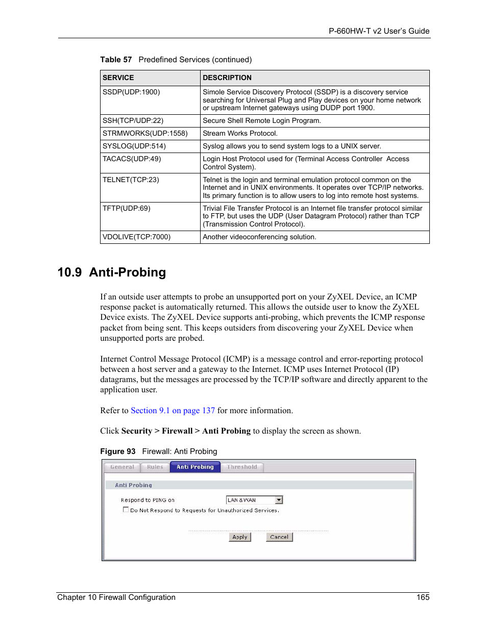 9 anti-probing, Figure 93 firewall: anti probing | ZyXEL Communications P-660HW-T v2 User Manual | Page 165 / 351