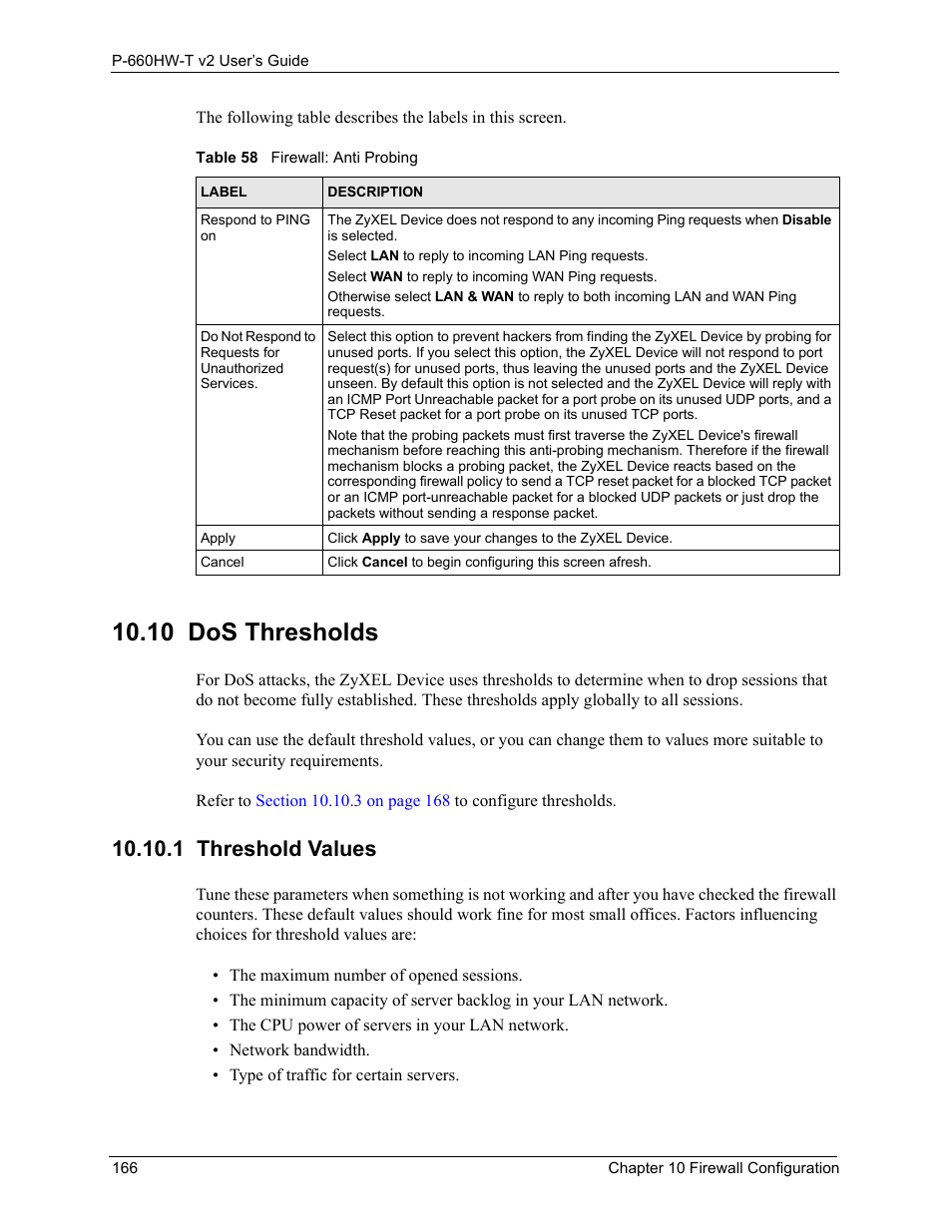 10 dos thresholds, 1 threshold values, Table 58 firewall: anti probing | ZyXEL Communications P-660HW-T v2 User Manual | Page 166 / 351