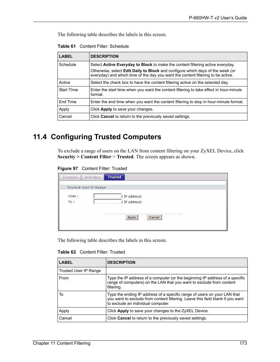 4 configuring trusted computers, Figure 97 content filter: trusted | ZyXEL Communications P-660HW-T v2 User Manual | Page 173 / 351