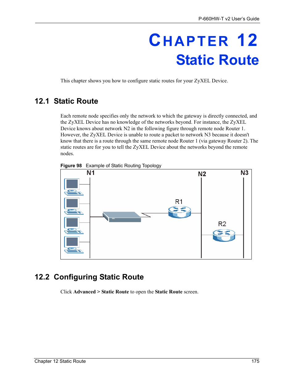 Static route, 1 static route, 2 configuring static route | Chapter 12 static route, 1 static route 12.2 configuring static route, Figure 98 example of static routing topology | ZyXEL Communications P-660HW-T v2 User Manual | Page 175 / 351