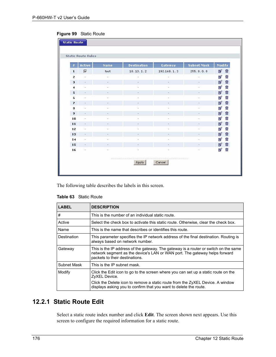 1 static route edit, Figure 99 static route, Table 63 static route | ZyXEL Communications P-660HW-T v2 User Manual | Page 176 / 351