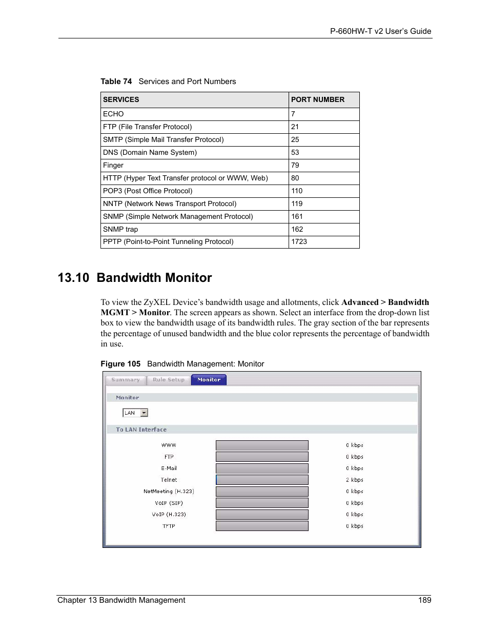 10 bandwidth monitor, Figure 105 bandwidth management: monitor, Table 74 services and port numbers | Ation. see | ZyXEL Communications P-660HW-T v2 User Manual | Page 189 / 351