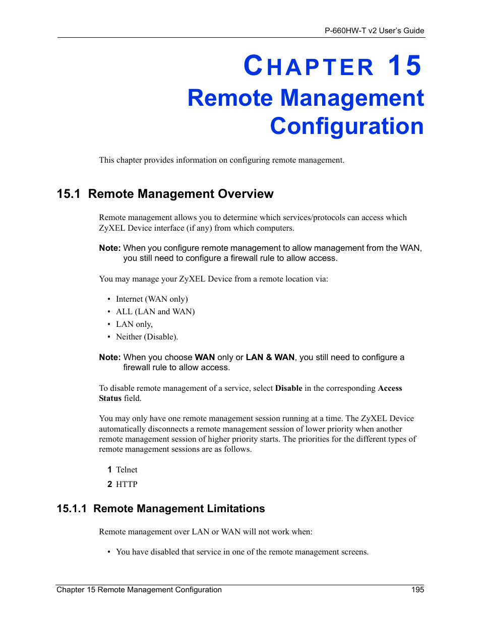 Remote management configuration, 1 remote management overview, 1 remote management limitations | Chapter 15 remote management configuration | ZyXEL Communications P-660HW-T v2 User Manual | Page 195 / 351