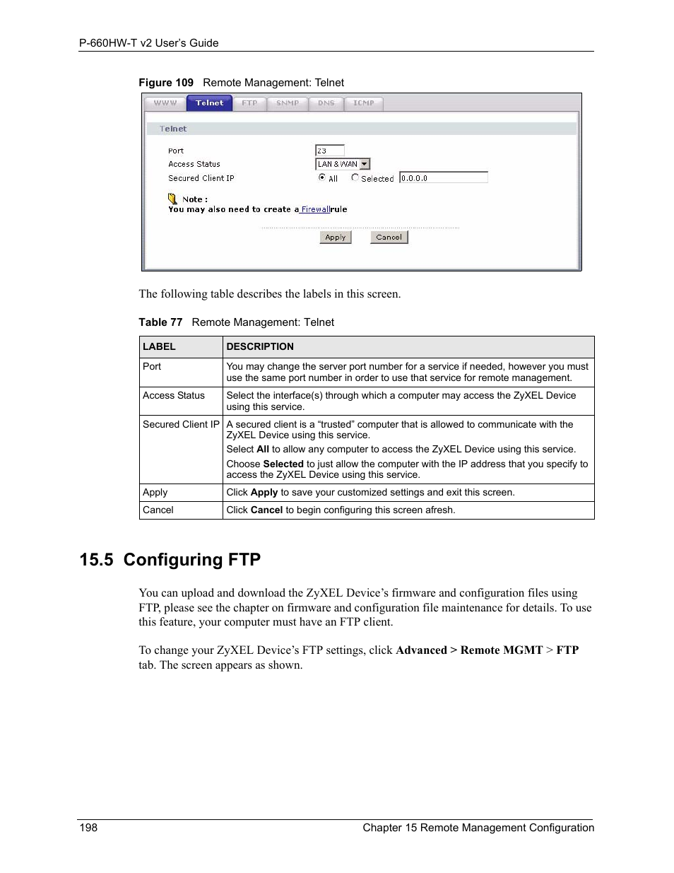 5 configuring ftp, Figure 109 remote management: telnet, Table 77 remote management: telnet | ZyXEL Communications P-660HW-T v2 User Manual | Page 198 / 351