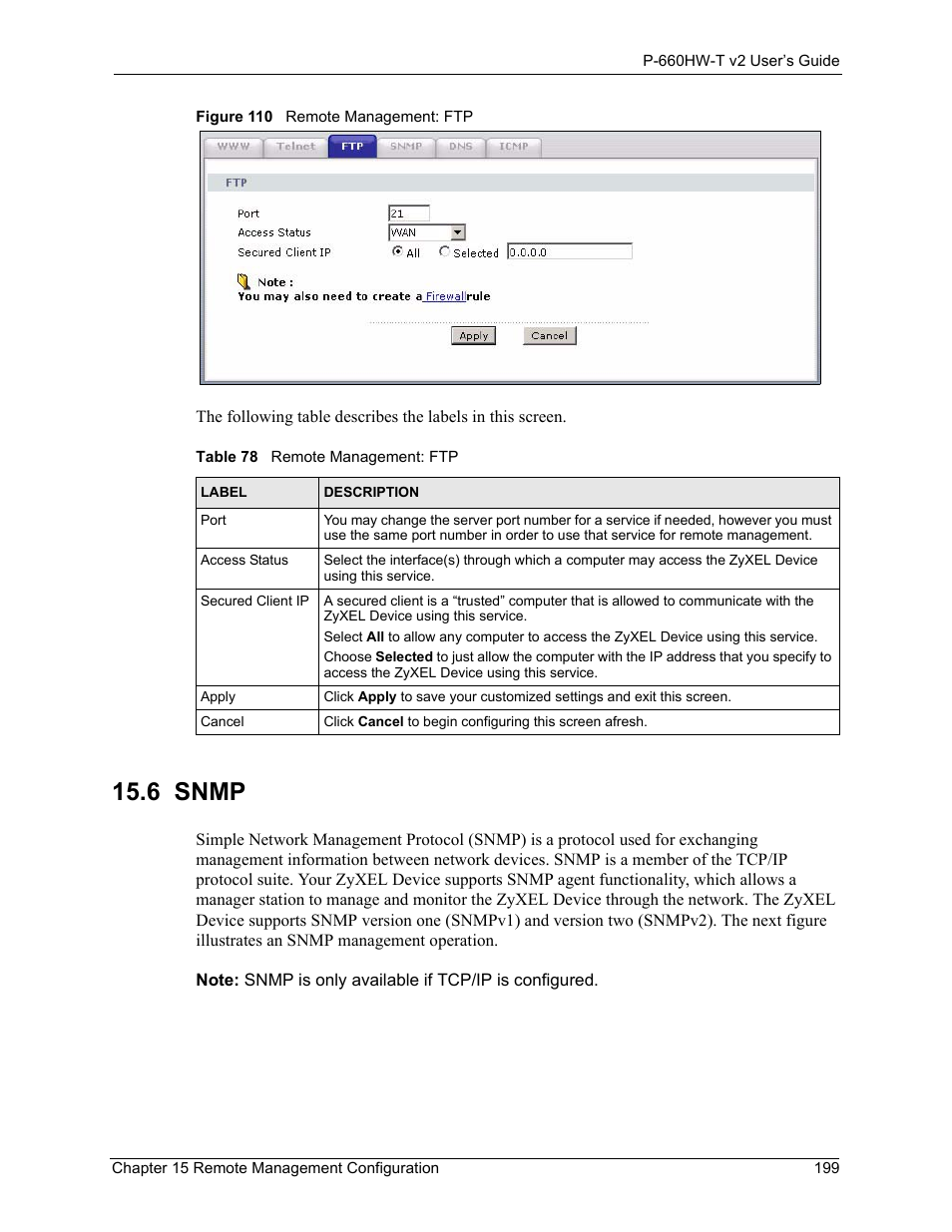 6 snmp, Figure 110 remote management: ftp, Table 78 remote management: ftp | ZyXEL Communications P-660HW-T v2 User Manual | Page 199 / 351