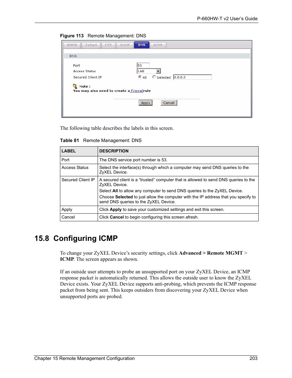 8 configuring icmp, Figure 113 remote management: dns, Table 81 remote management: dns | ZyXEL Communications P-660HW-T v2 User Manual | Page 203 / 351