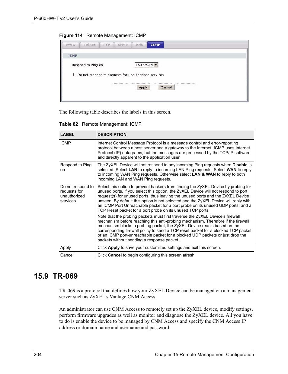 9 tr-069, Figure 114 remote management: icmp, Table 82 remote management: icmp | ZyXEL Communications P-660HW-T v2 User Manual | Page 204 / 351