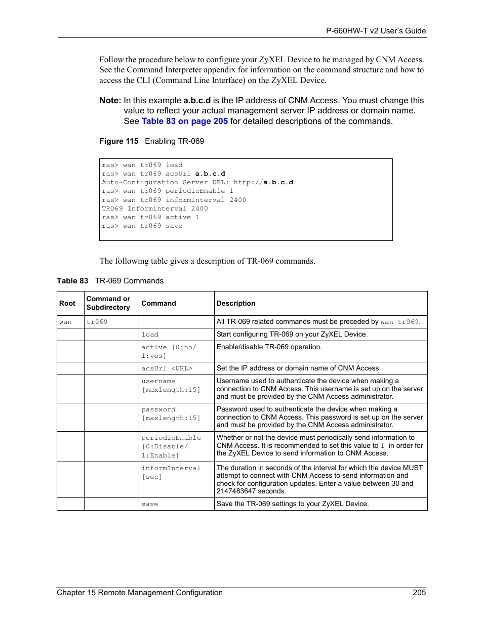 Figure 115 enabling tr-069, Table 83 tr-069 commands | ZyXEL Communications P-660HW-T v2 User Manual | Page 205 / 351