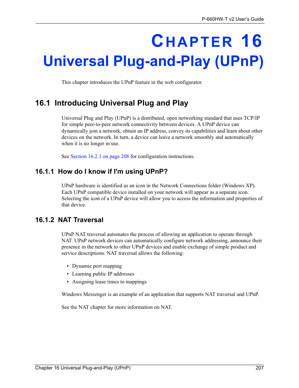 Universal plug-and-play (upnp), 1 introducing universal plug and play, 1 how do i know if i'm using upnp | 2 nat traversal, Chapter 16 universal plug-and-play (upnp) | ZyXEL Communications P-660HW-T v2 User Manual | Page 207 / 351