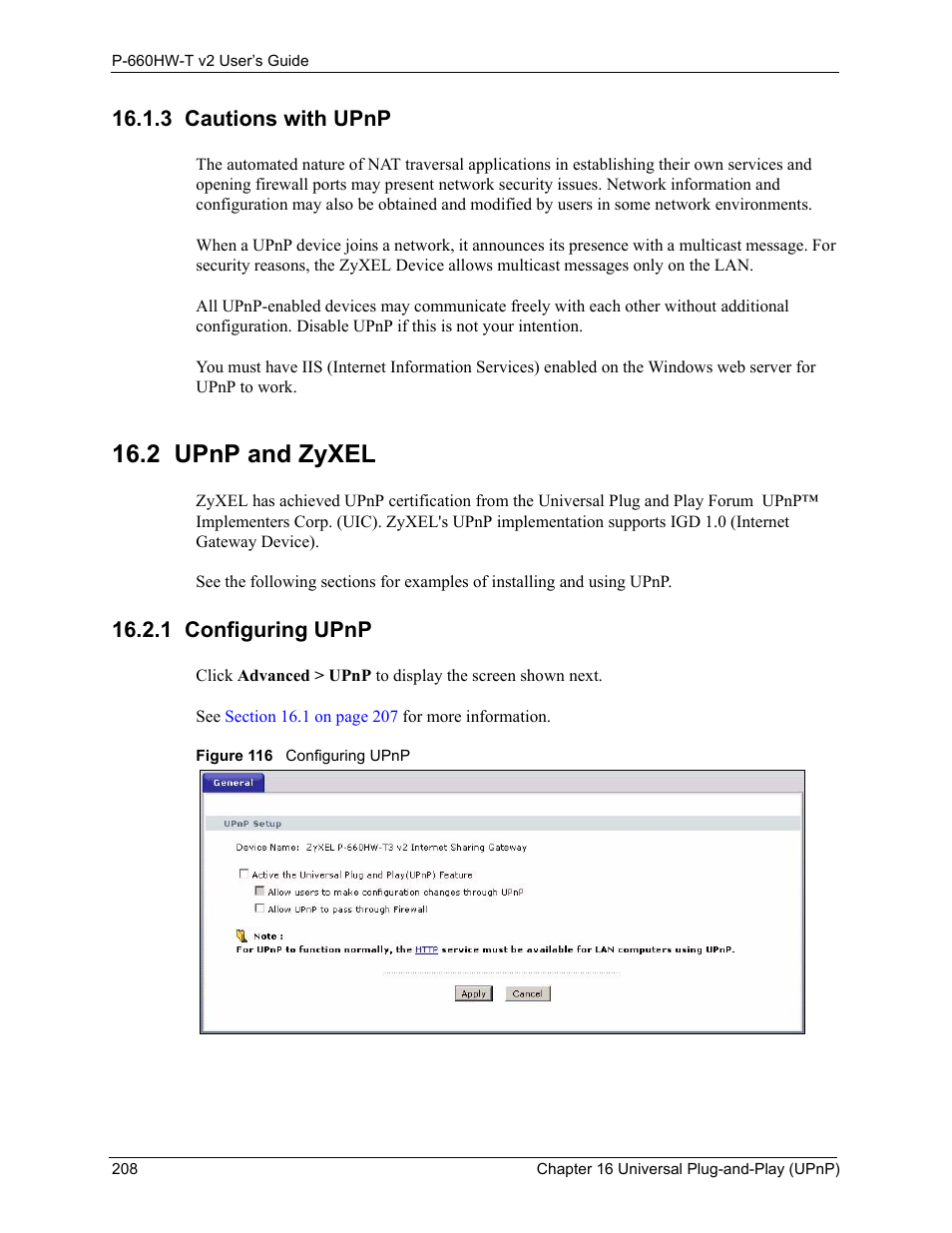 3 cautions with upnp, 2 upnp and zyxel, 1 configuring upnp | Figure 116 configuring upnp | ZyXEL Communications P-660HW-T v2 User Manual | Page 208 / 351