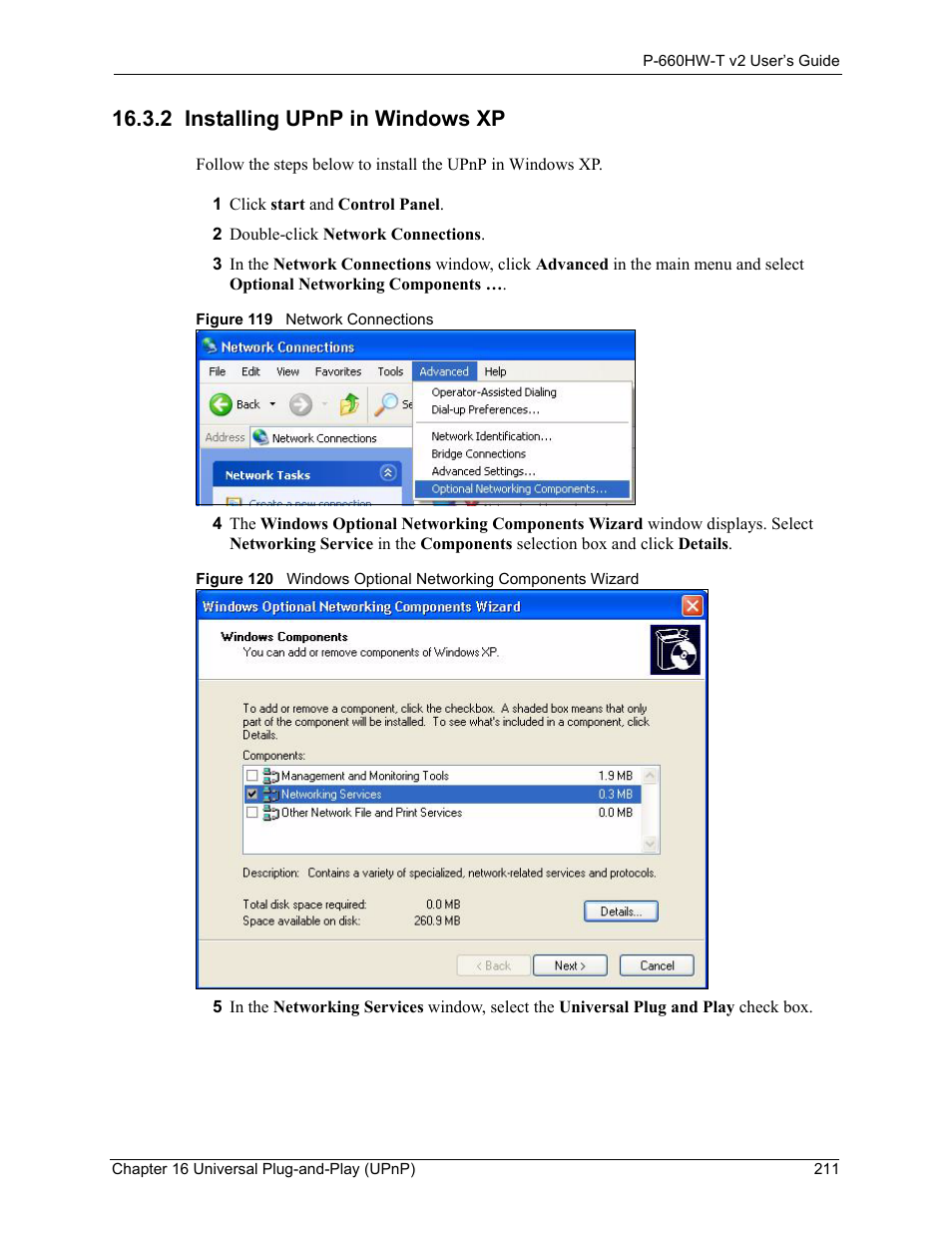 2 installing upnp in windows xp | ZyXEL Communications P-660HW-T v2 User Manual | Page 211 / 351
