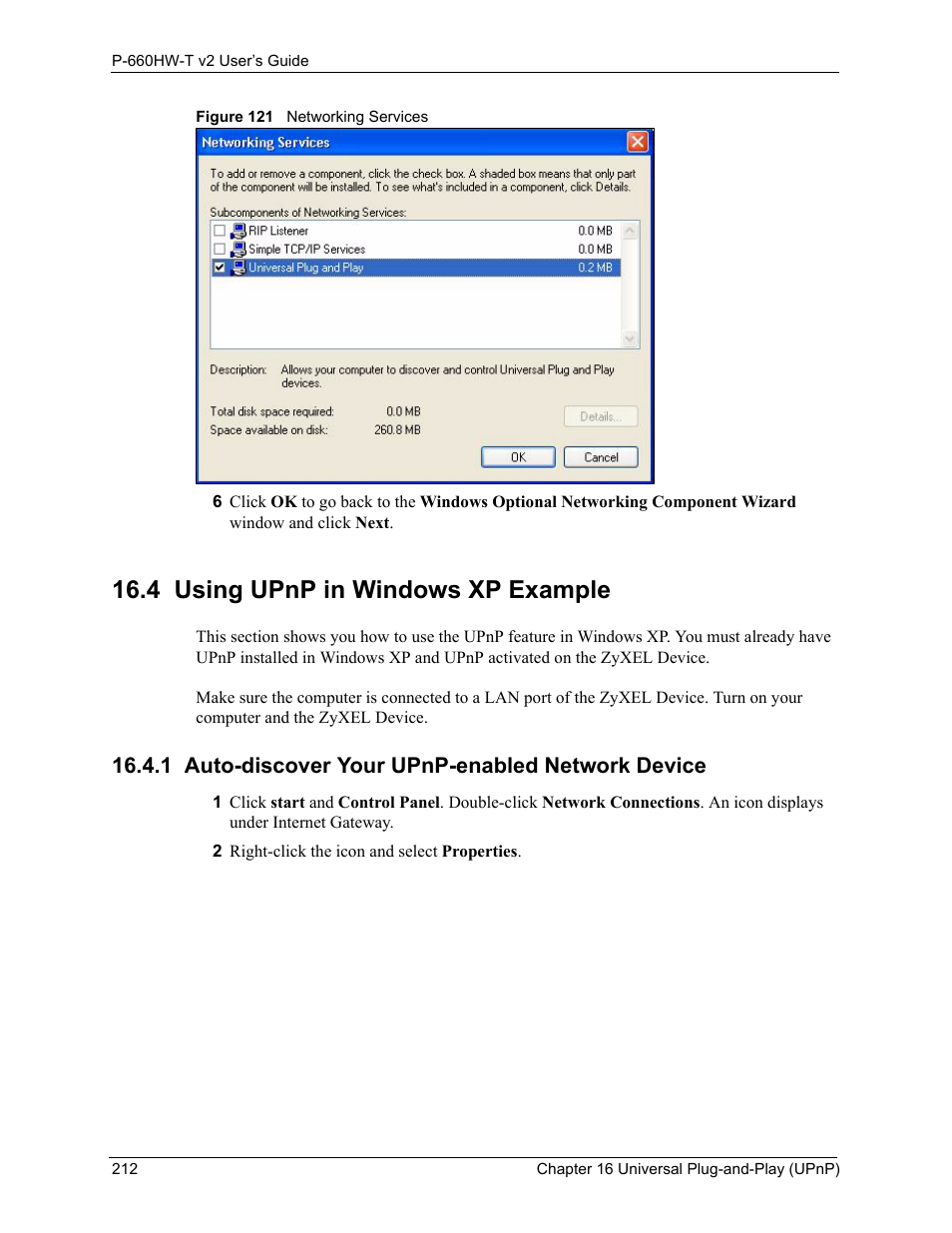 4 using upnp in windows xp example, 1 auto-discover your upnp-enabled network device, Figure 121 networking services | ZyXEL Communications P-660HW-T v2 User Manual | Page 212 / 351