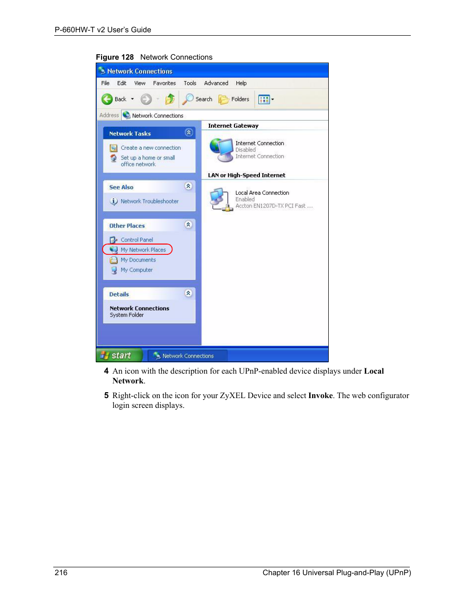 Figure 128 network connections | ZyXEL Communications P-660HW-T v2 User Manual | Page 216 / 351