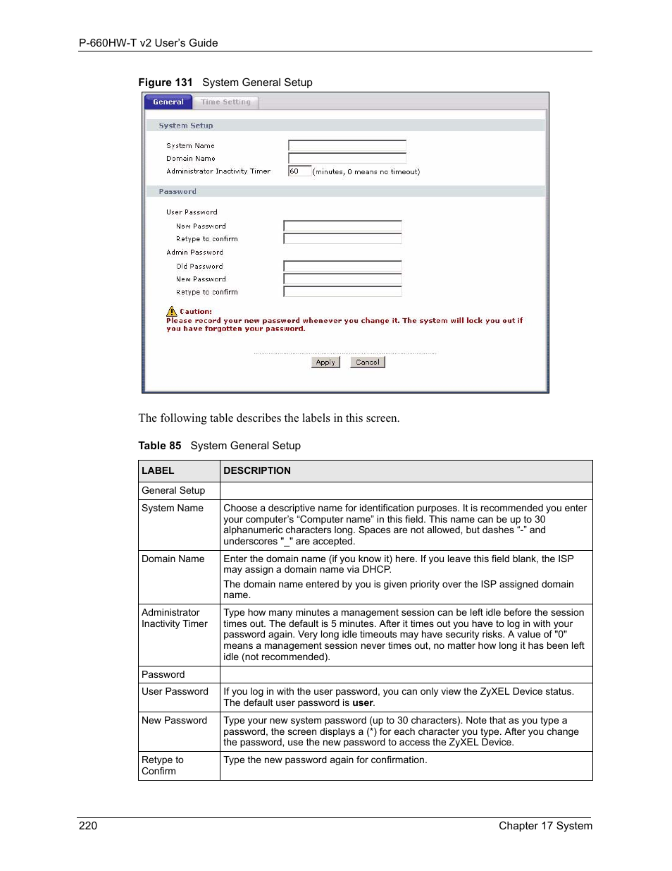 Figure 131 system general setup, Table 85 system general setup | ZyXEL Communications P-660HW-T v2 User Manual | Page 220 / 351