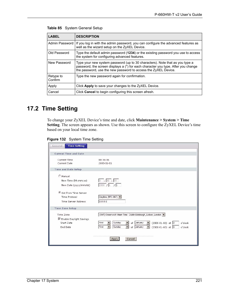 2 time setting, Figure 132 system time setting | ZyXEL Communications P-660HW-T v2 User Manual | Page 221 / 351