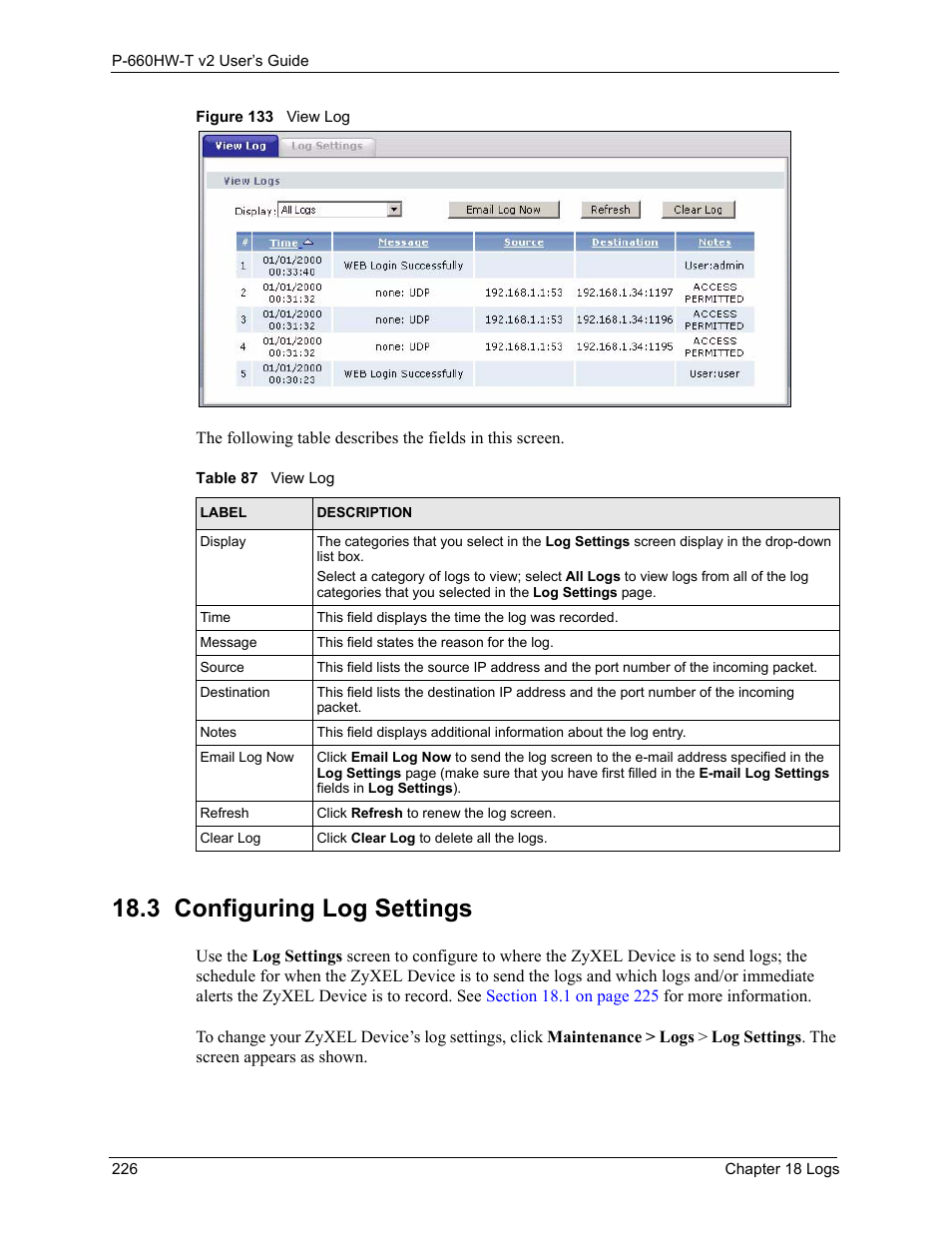 3 configuring log settings, Figure 133 view log, Table 87 view log | ZyXEL Communications P-660HW-T v2 User Manual | Page 226 / 351