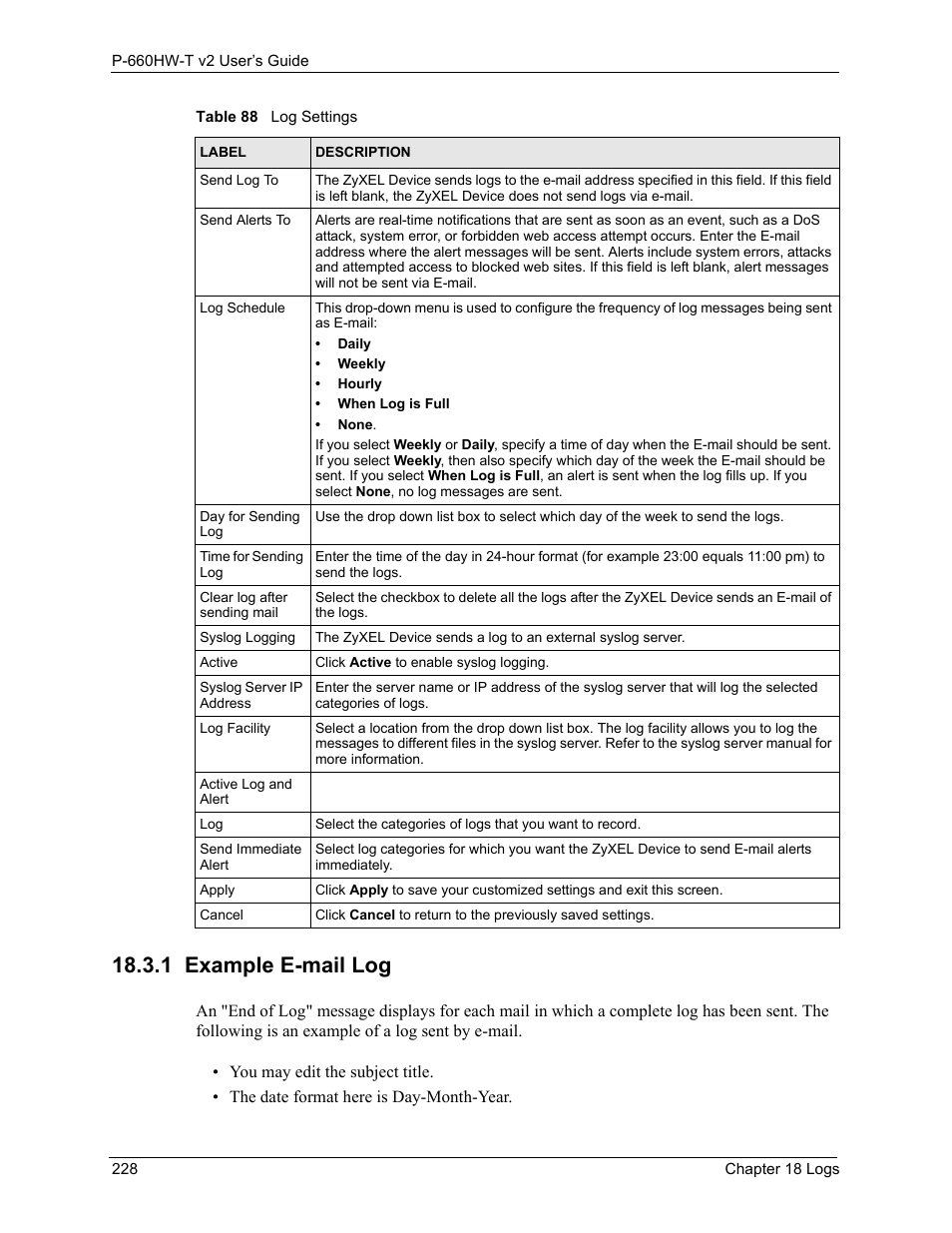 1 example e-mail log | ZyXEL Communications P-660HW-T v2 User Manual | Page 228 / 351