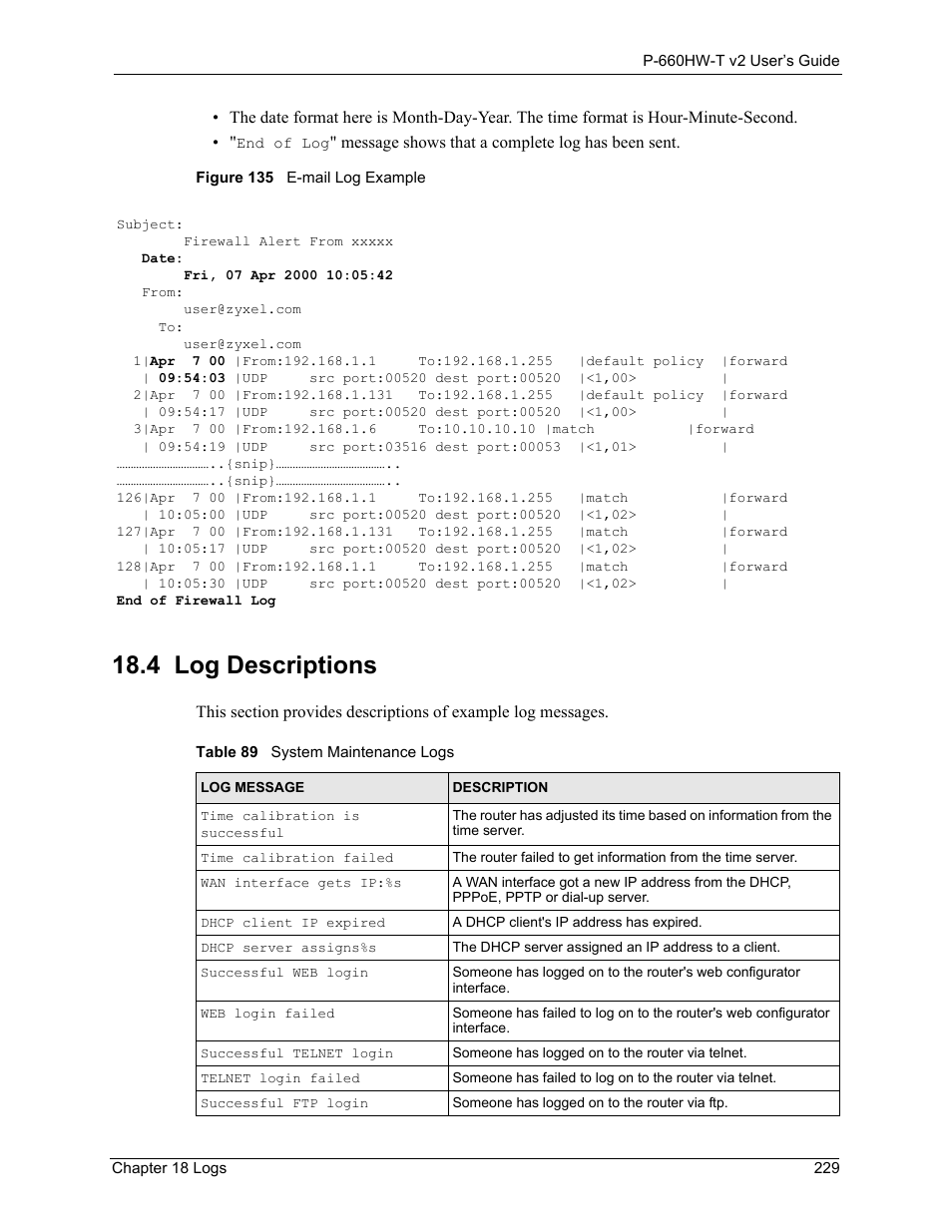 4 log descriptions, Figure 135 e-mail log example, Table 89 system maintenance logs | ZyXEL Communications P-660HW-T v2 User Manual | Page 229 / 351