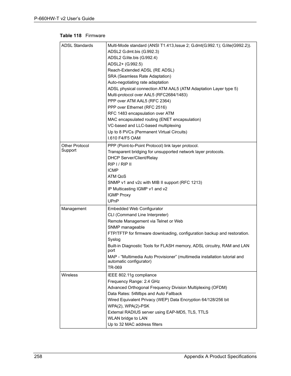 Table 118 firmware | ZyXEL Communications P-660HW-T v2 User Manual | Page 258 / 351