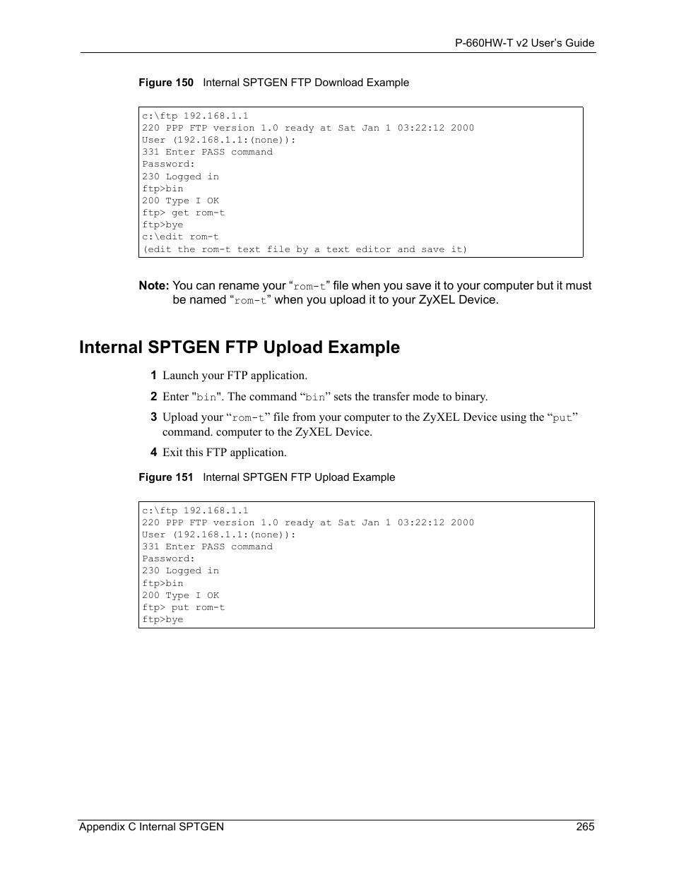 Internal sptgen ftp upload example | ZyXEL Communications P-660HW-T v2 User Manual | Page 265 / 351