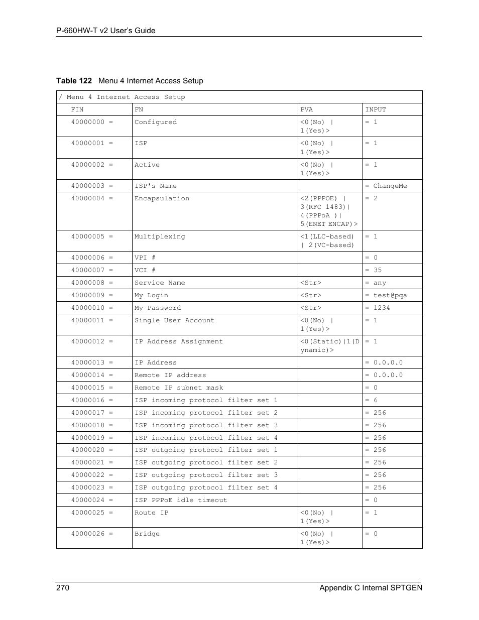 Table 122 menu 4 internet access setup | ZyXEL Communications P-660HW-T v2 User Manual | Page 270 / 351
