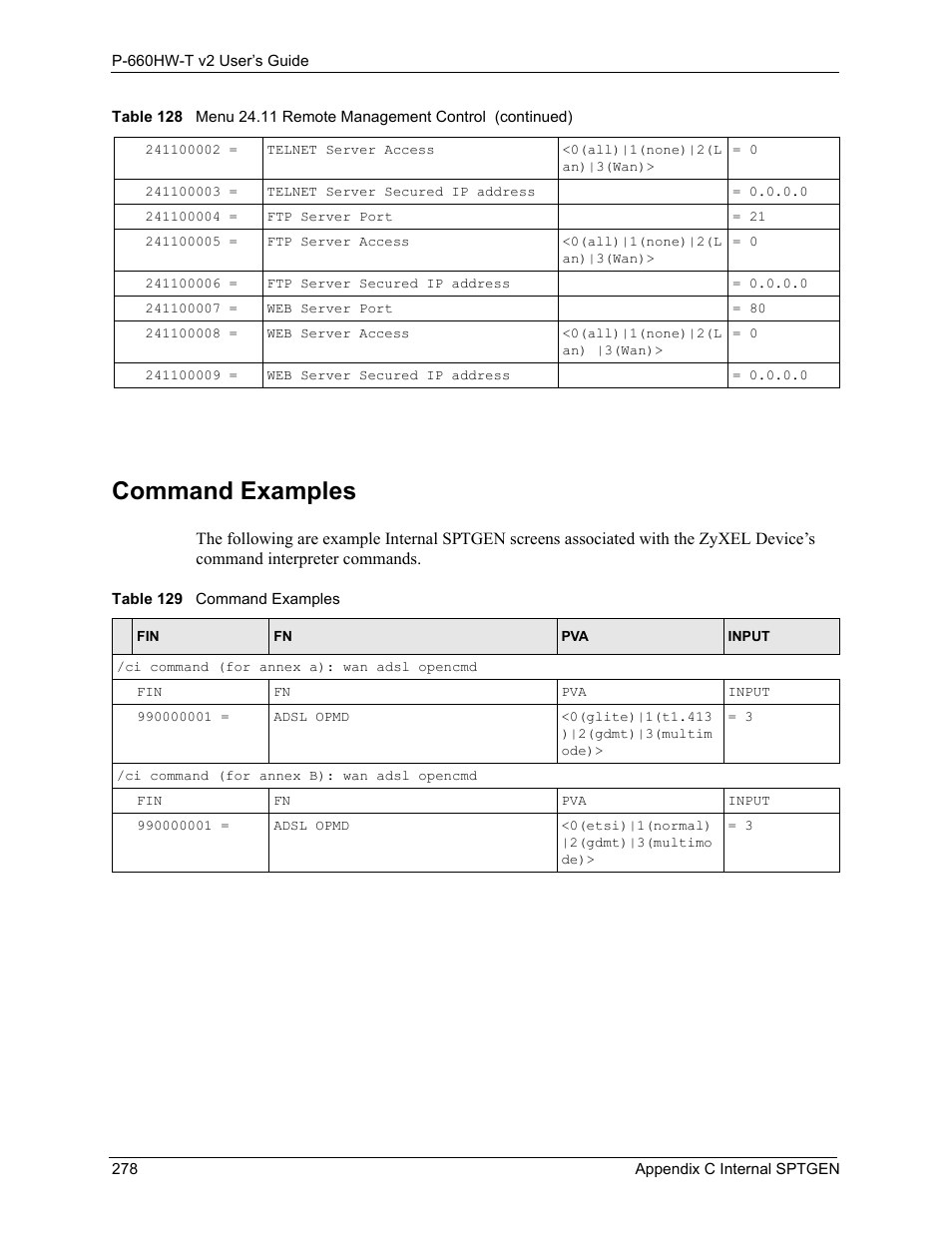 Command examples, Table 129 command examples | ZyXEL Communications P-660HW-T v2 User Manual | Page 278 / 351