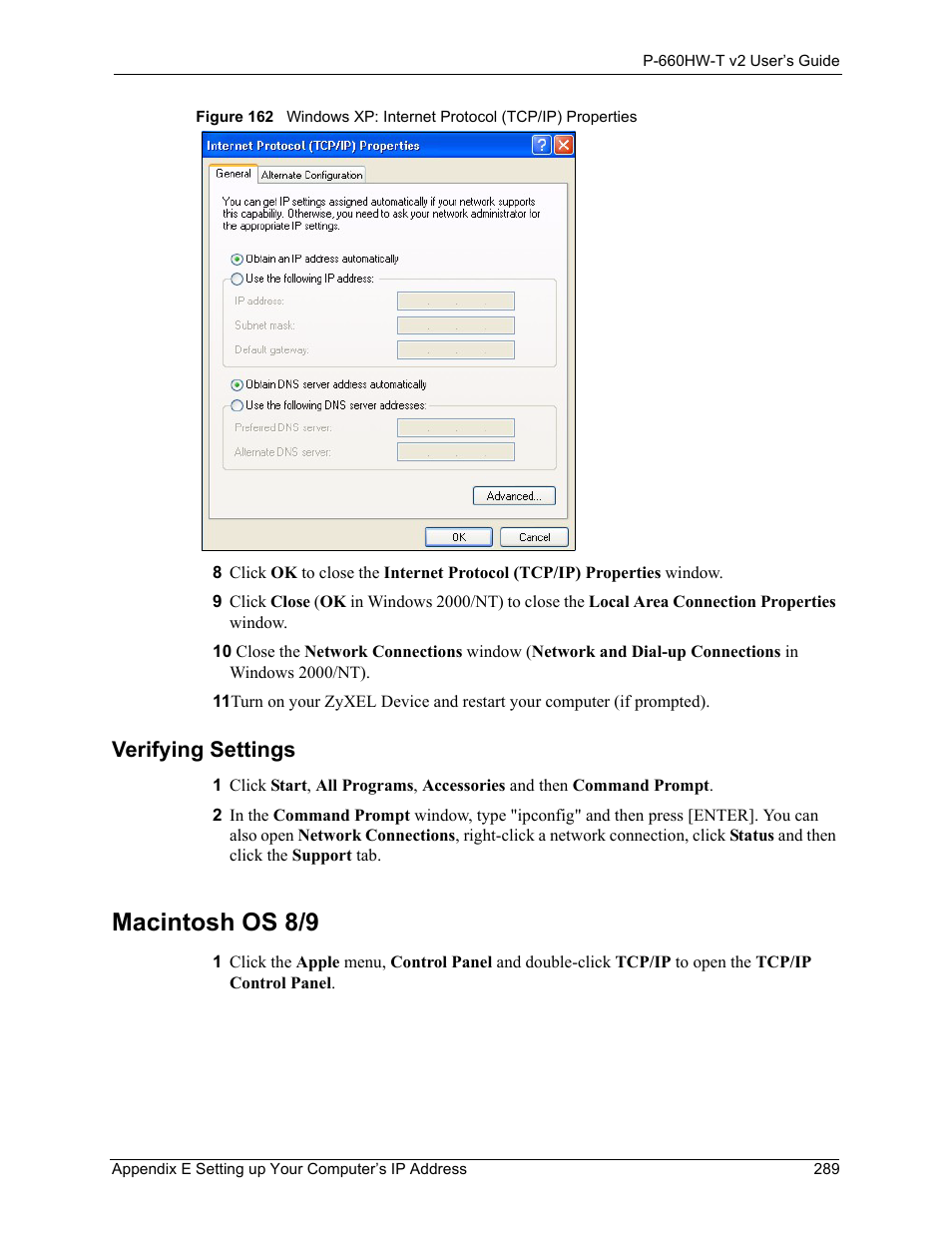 Macintosh os 8/9, Verifying settings | ZyXEL Communications P-660HW-T v2 User Manual | Page 289 / 351